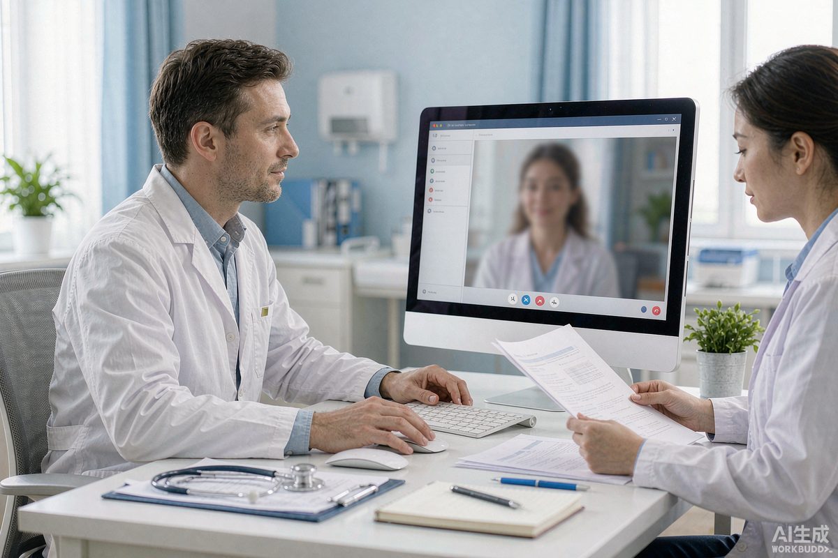 A doctor conducting a remote consultation with a coordinator present